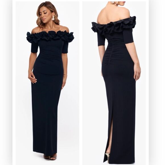 Xscape 3856X Isla Long Scuba Crepe Off The Shoulder Ruffle Dress Navy - Picture 1 of 7